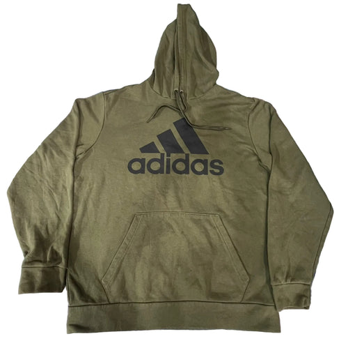 An olive green Adidas pullover hoodie with a black logo printed on the chest,