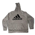 A heather gray Adidas pullover hoodie with a black logo on the chest, 