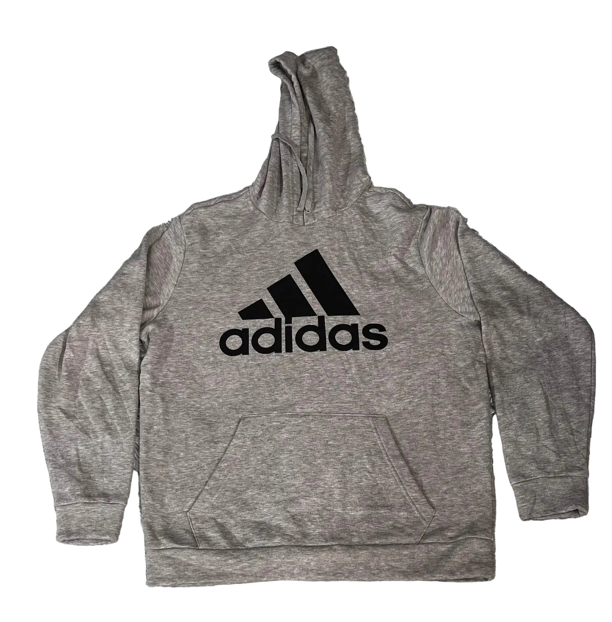 A heather gray Adidas pullover hoodie with a black logo on the chest, 