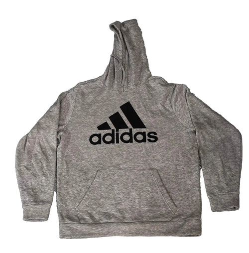 A heather gray Adidas pullover hoodie with a black logo on the chest, 