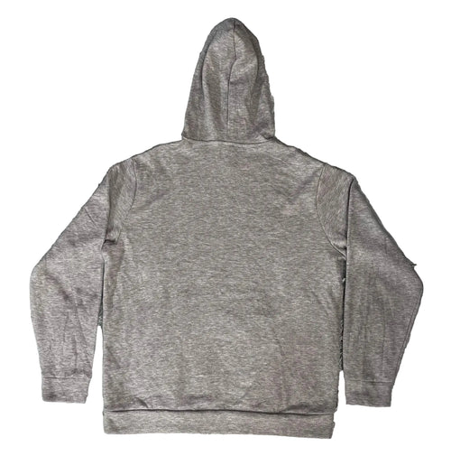 A heather gray hooded sweatshirt , showing the back view.