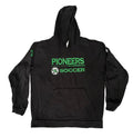 A black pullover hoodie with green 'PIONEERS SOCCER' text and a circular crest on the chest, 