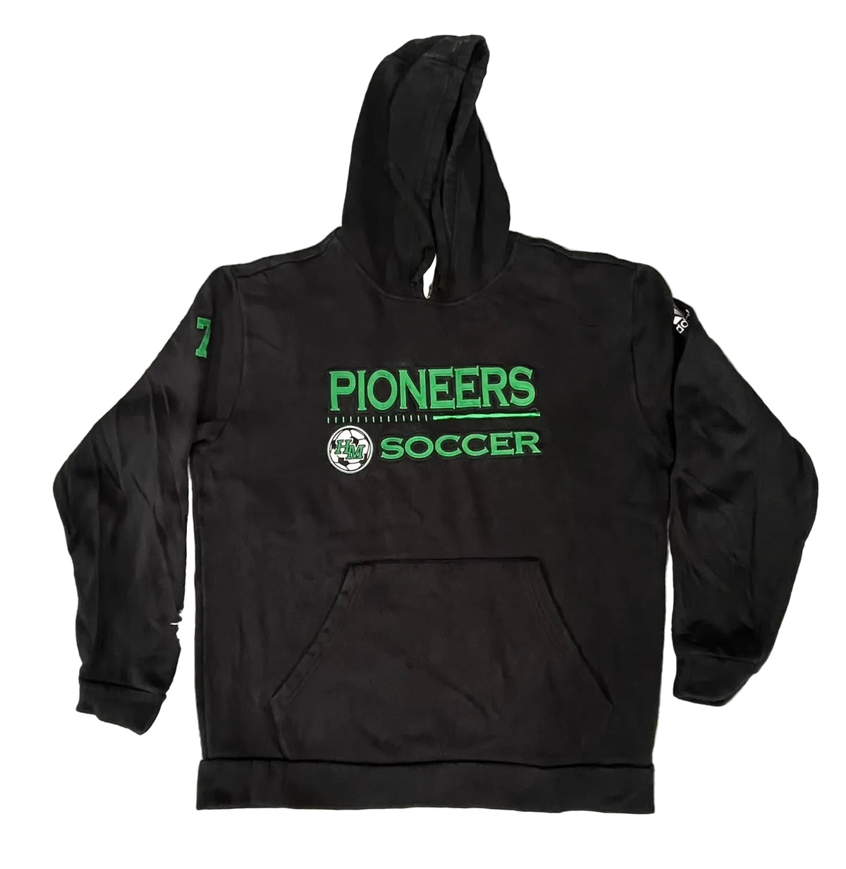 A black pullover hoodie with green 'PIONEERS SOCCER' text and a circular crest on the chest, 