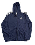 A navy blue Adidas zip-up hoodie jacket with white three-stripes on the shoulders and a white logo on the chest, 