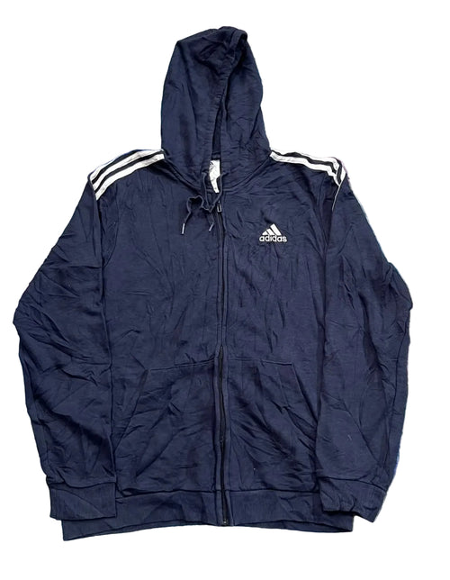 A navy blue Adidas zip-up hoodie jacket with white three-stripes on the shoulders and a white logo on the chest, 