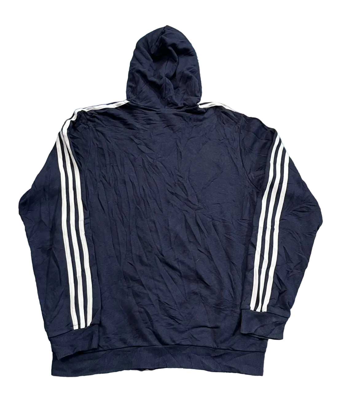 A navy blue hooded jacket with three white stripes down each sleeve,