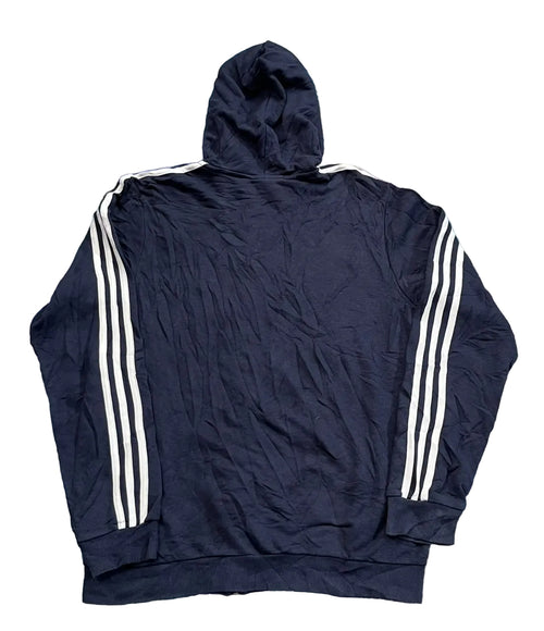 A navy blue hooded jacket with three white stripes down each sleeve,