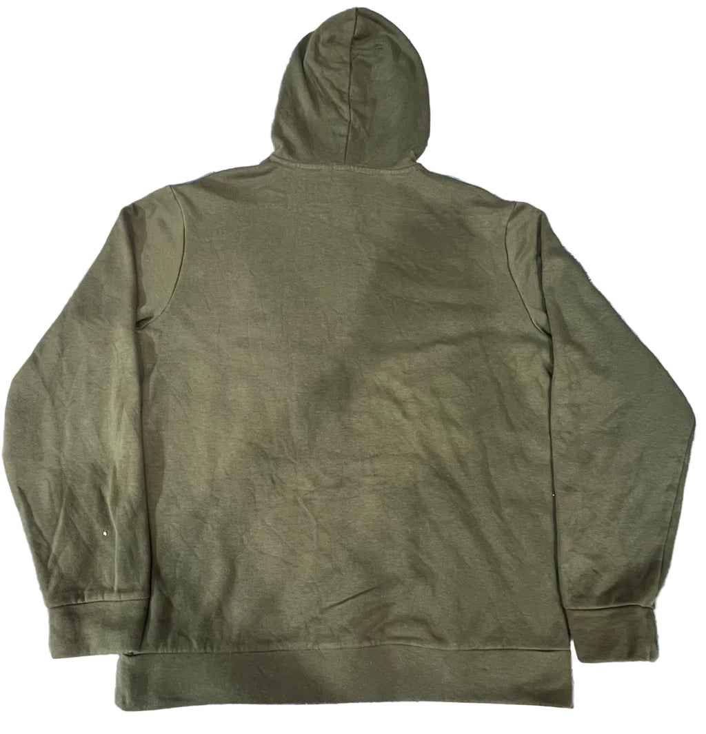 An olive green hooded sweatshirt shown from the back,