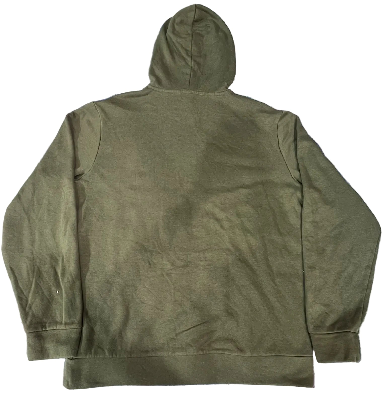 An olive green hooded sweatshirt shown from the back,