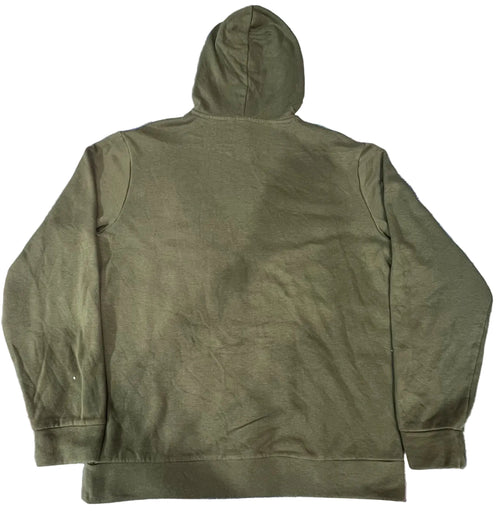 An olive green hooded sweatshirt shown from the back,