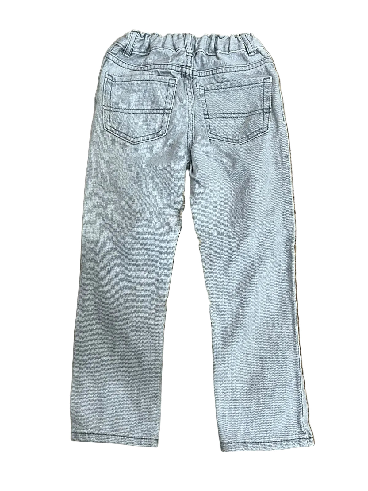 Light wash blue denim jeans shown from the back, featuring an elastic waistband and two back pockets,