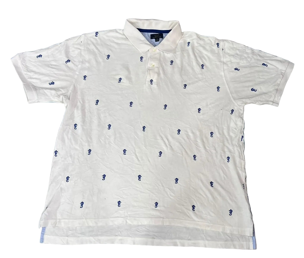 A white short-sleeve polo shirt with a repeating small navy blue embroidered logo pattern