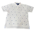 A white short-sleeve polo shirt with a repeating small navy blue embroidered logo pattern