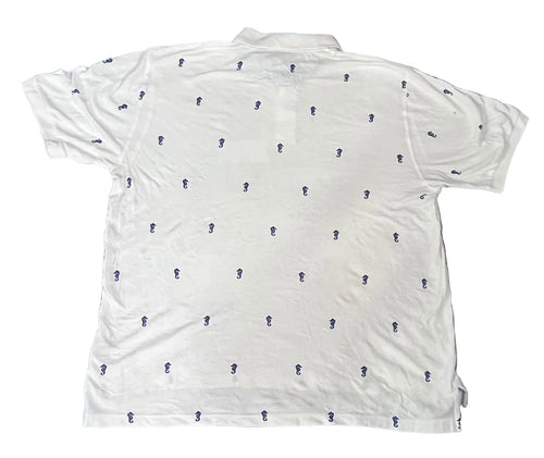 A white short-sleeve polo shirt with a repeating small dark blue embroidered logo pattern