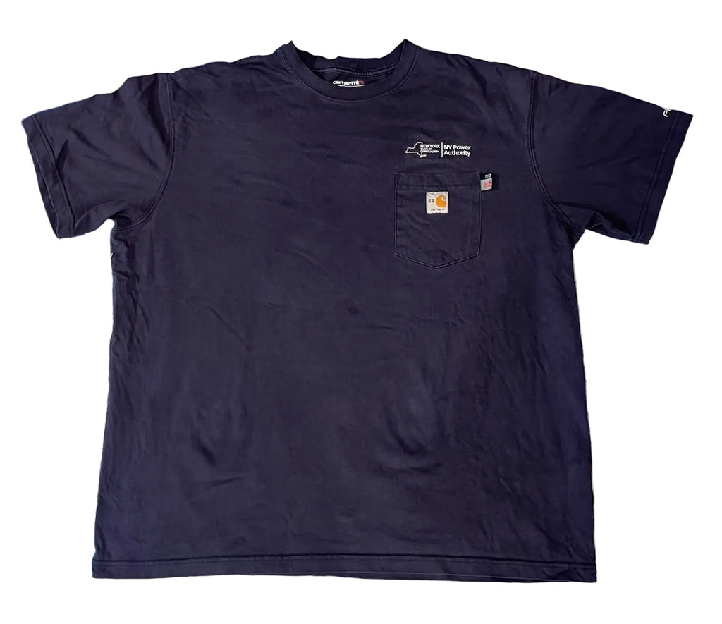 A navy blue Carhartt short-sleeve t-shirt with a chest pocket  and carhartt logo