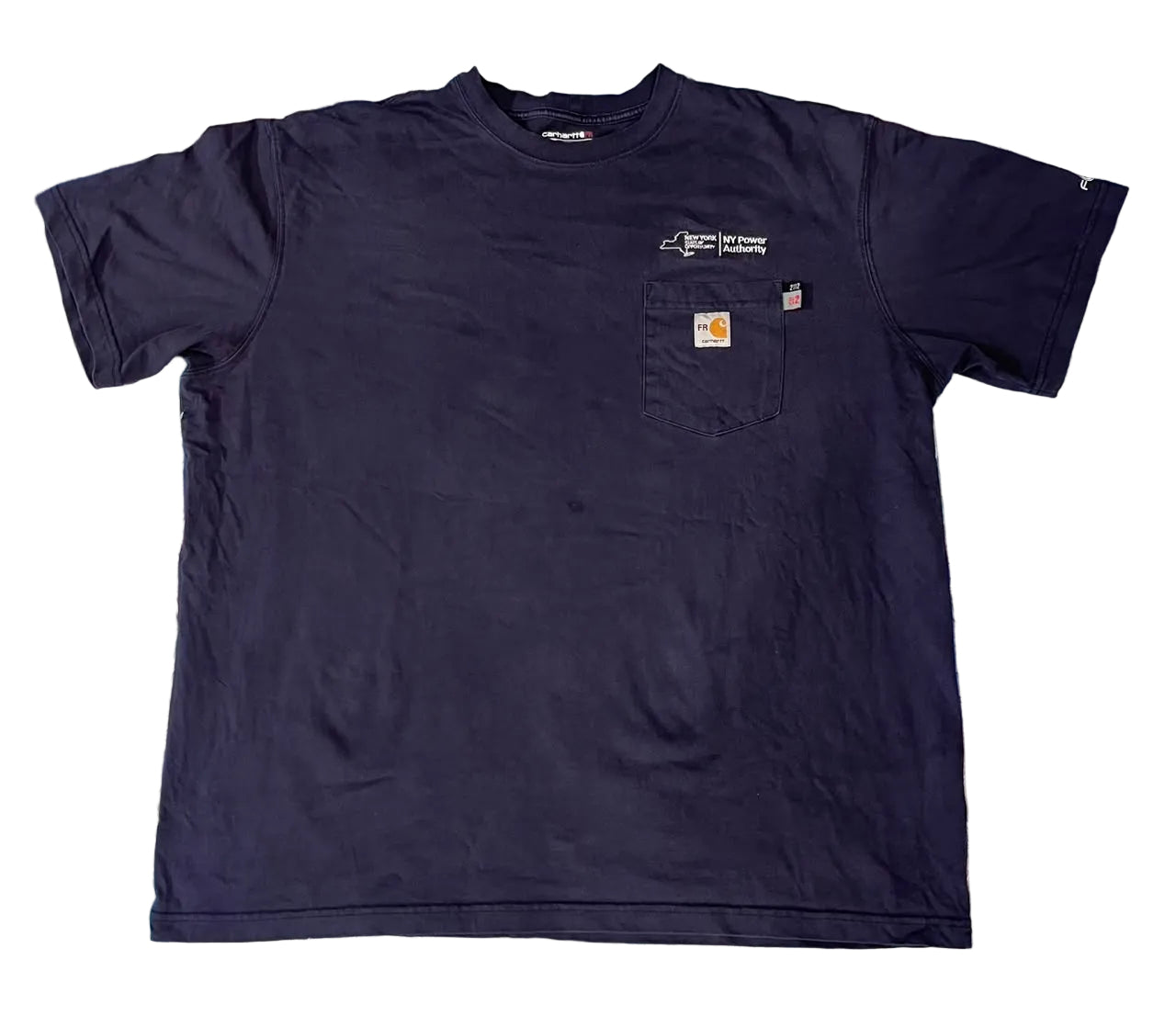A navy blue Carhartt short-sleeve t-shirt with a chest pocket  and carhartt logo