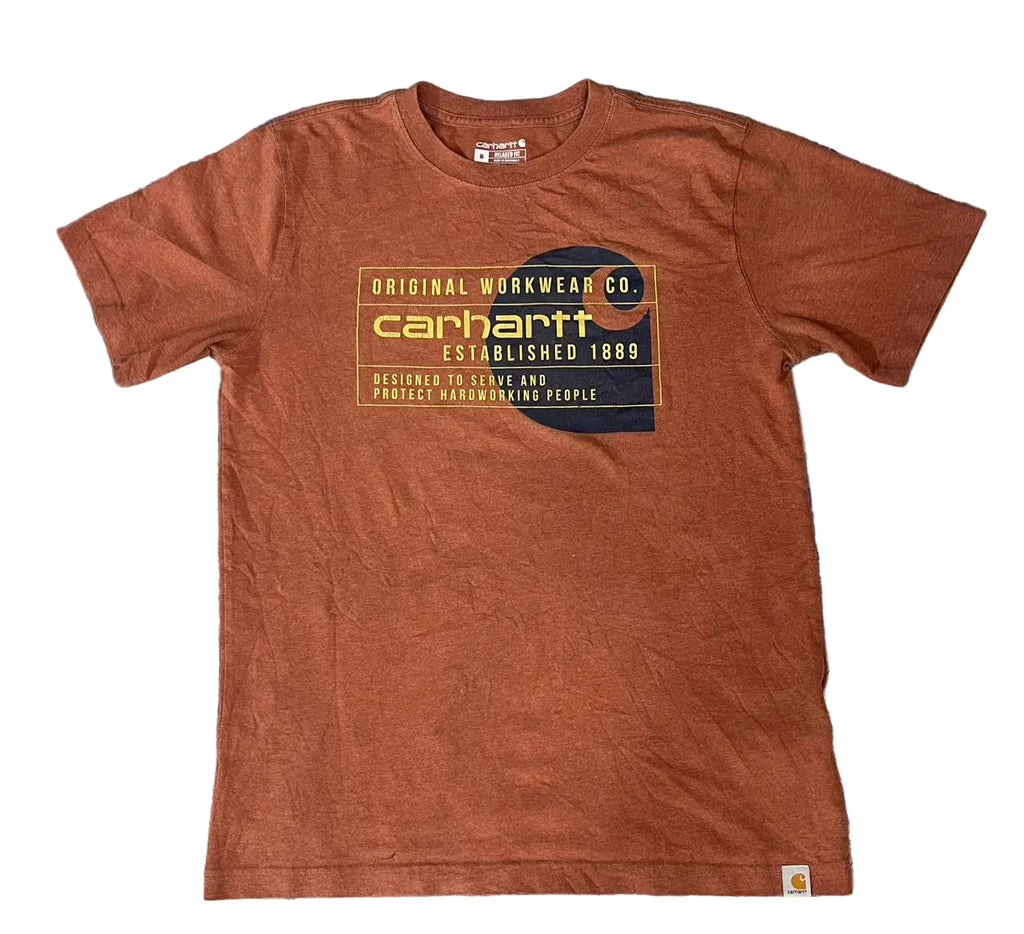 A rust-orange Carhartt t-shirt chest. text is carhartt and logo