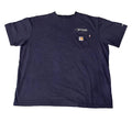 A dark navy blue short-sleeve crewneck t-shirt with a chest pocket, featuring a small white script logo on the left chest and a classic Carhartt brand patch on the pocket