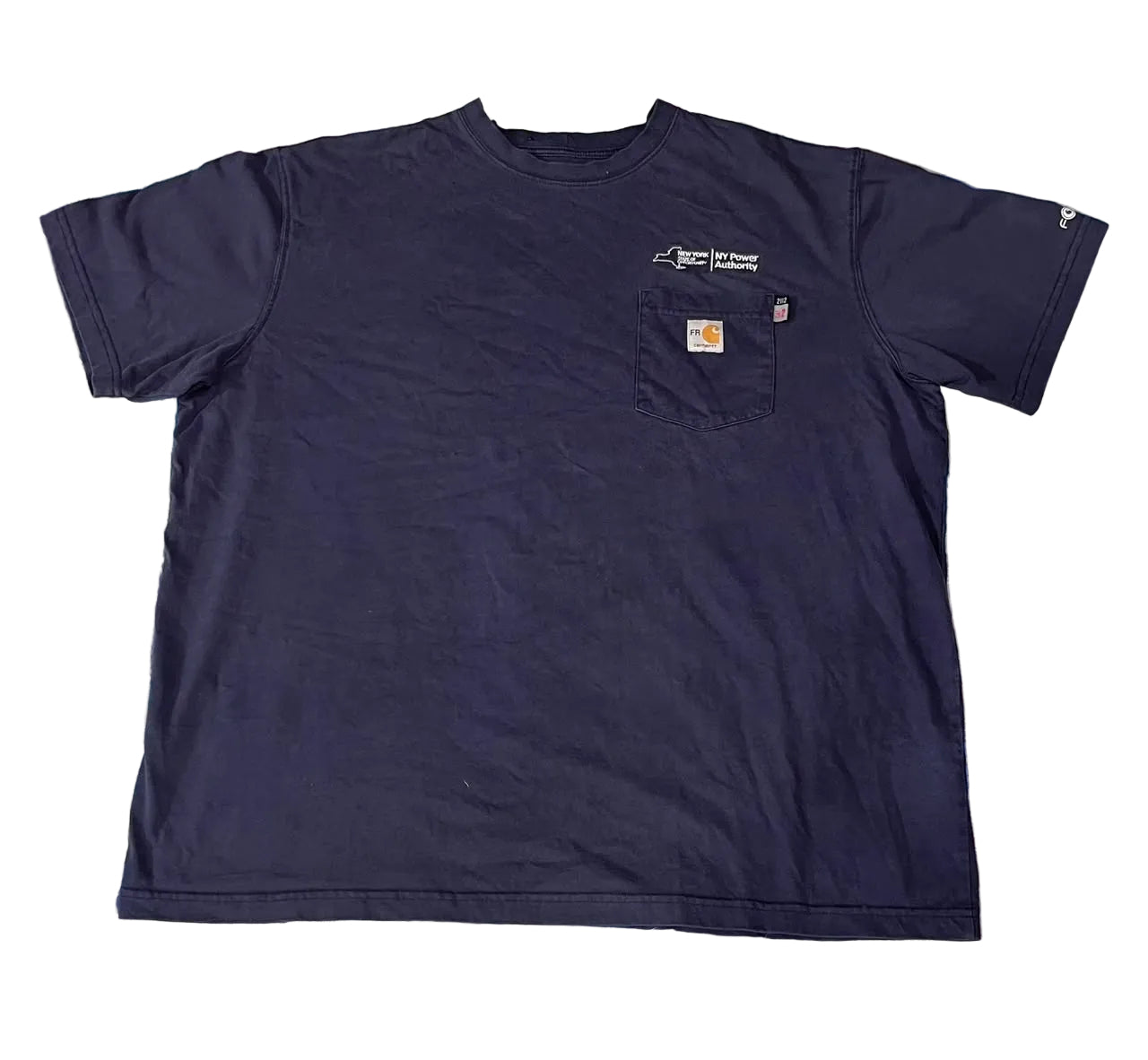 A dark navy blue short-sleeve crewneck t-shirt with a chest pocket, featuring a small white script logo on the left chest and a classic Carhartt brand patch on the pocket