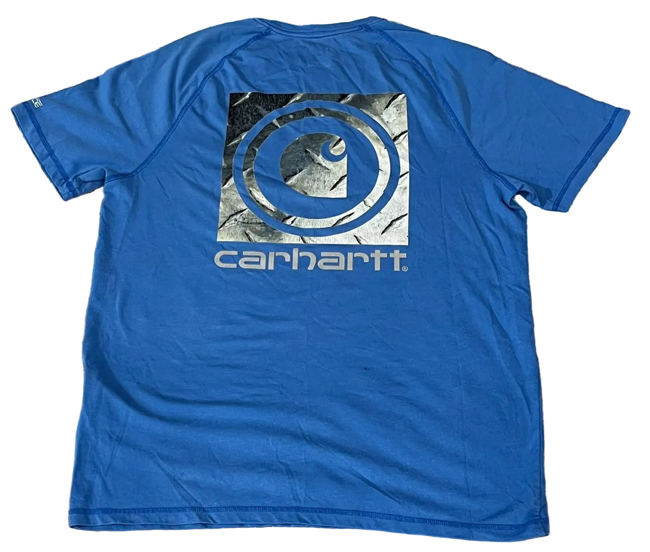 A blue short-sleeve raglan T-shirt on a white plain backgroud 