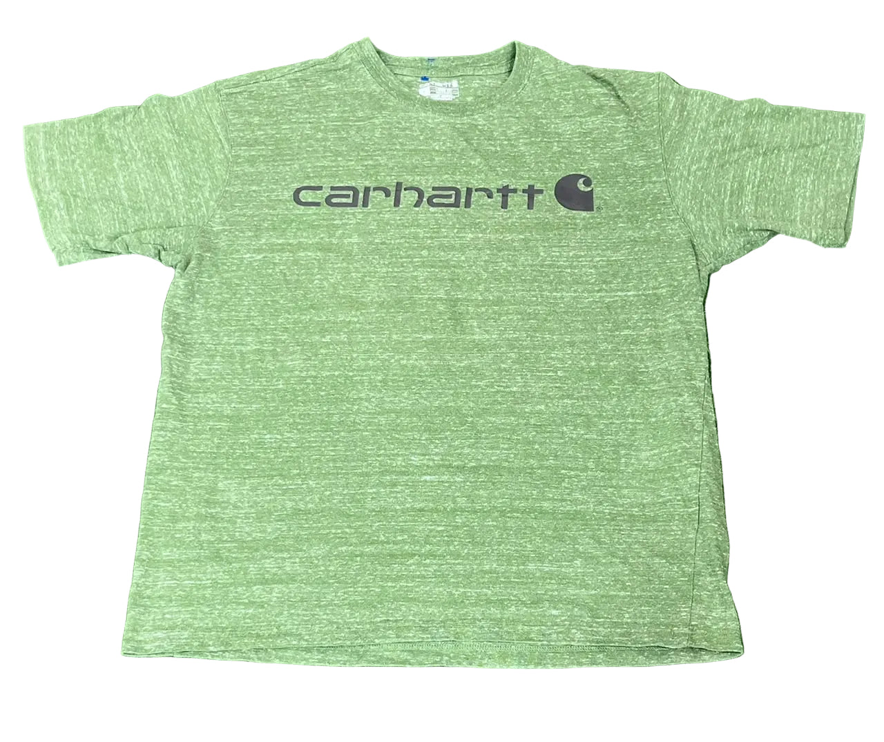 A heather green short-sleeve t-shirt with a dark gray Carhartt logo printed across the chest