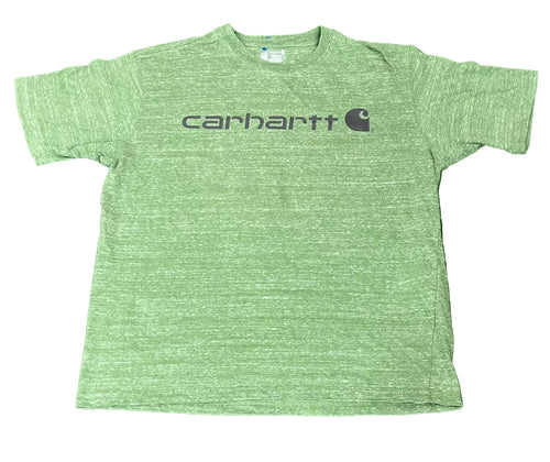 A heather green short-sleeve t-shirt with a dark gray Carhartt logo printed across the chest