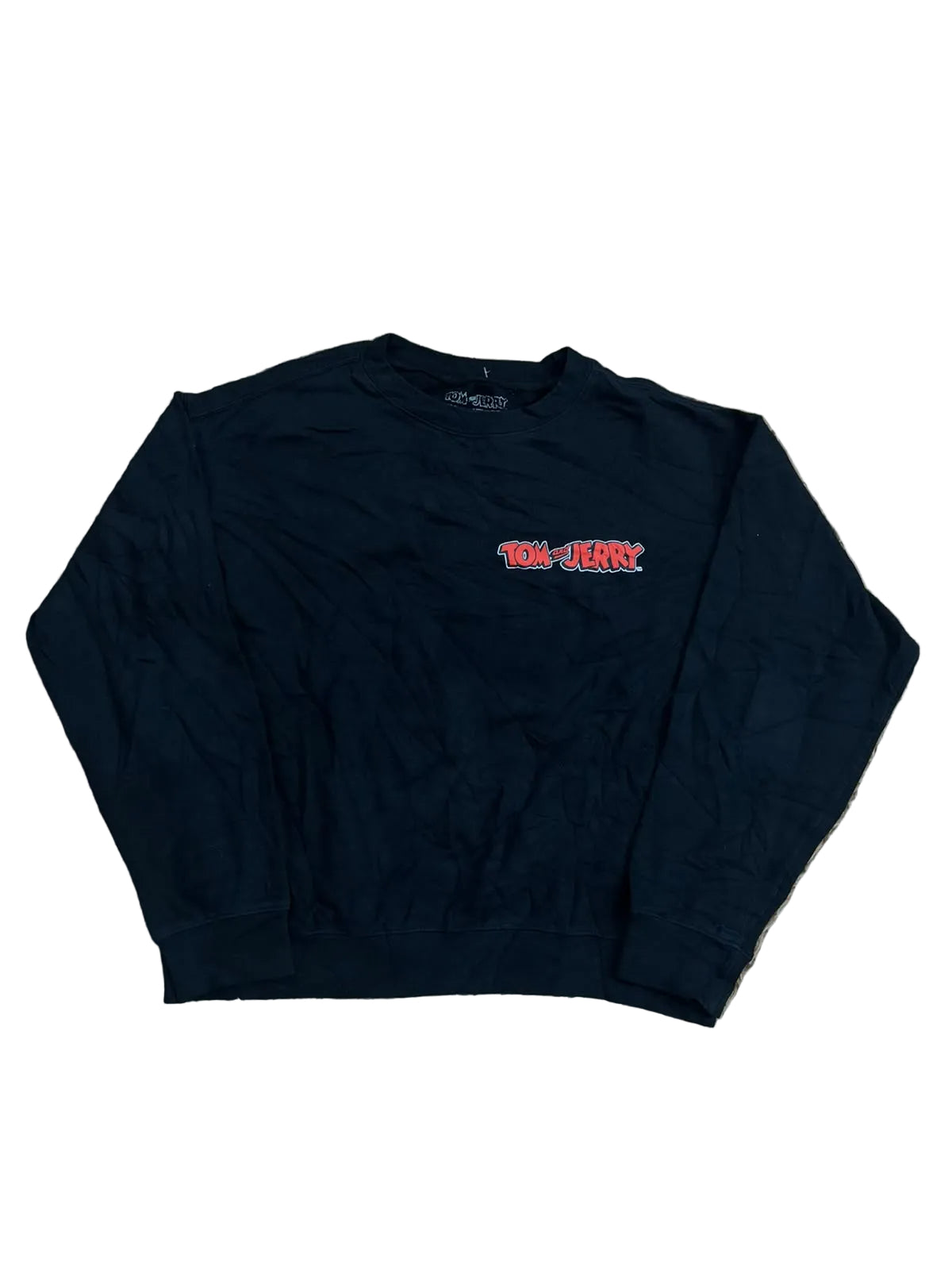 A black crewneck sweatshirt with a red 'The Jerry' graphic on the chest, 