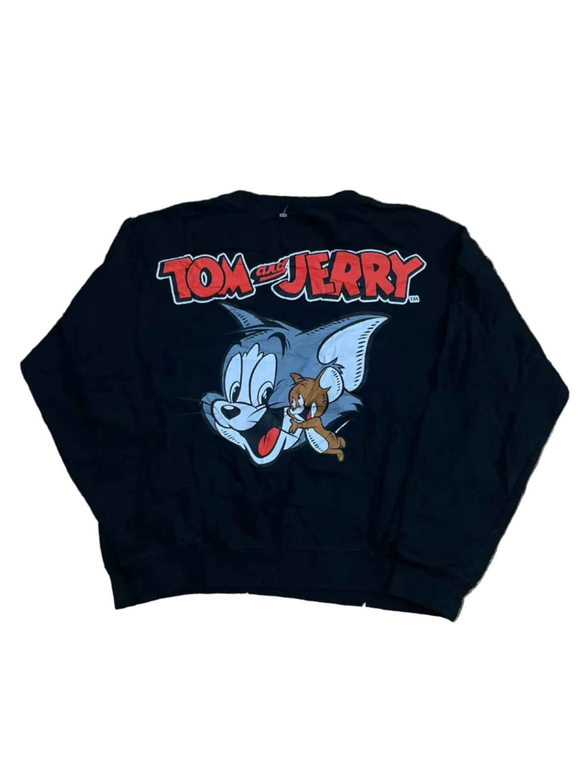 A black short-sleeve T-shirt featuring a large cartoon graphic of Tom and Jerry with the words 'TOM & JERRY' in red and white.