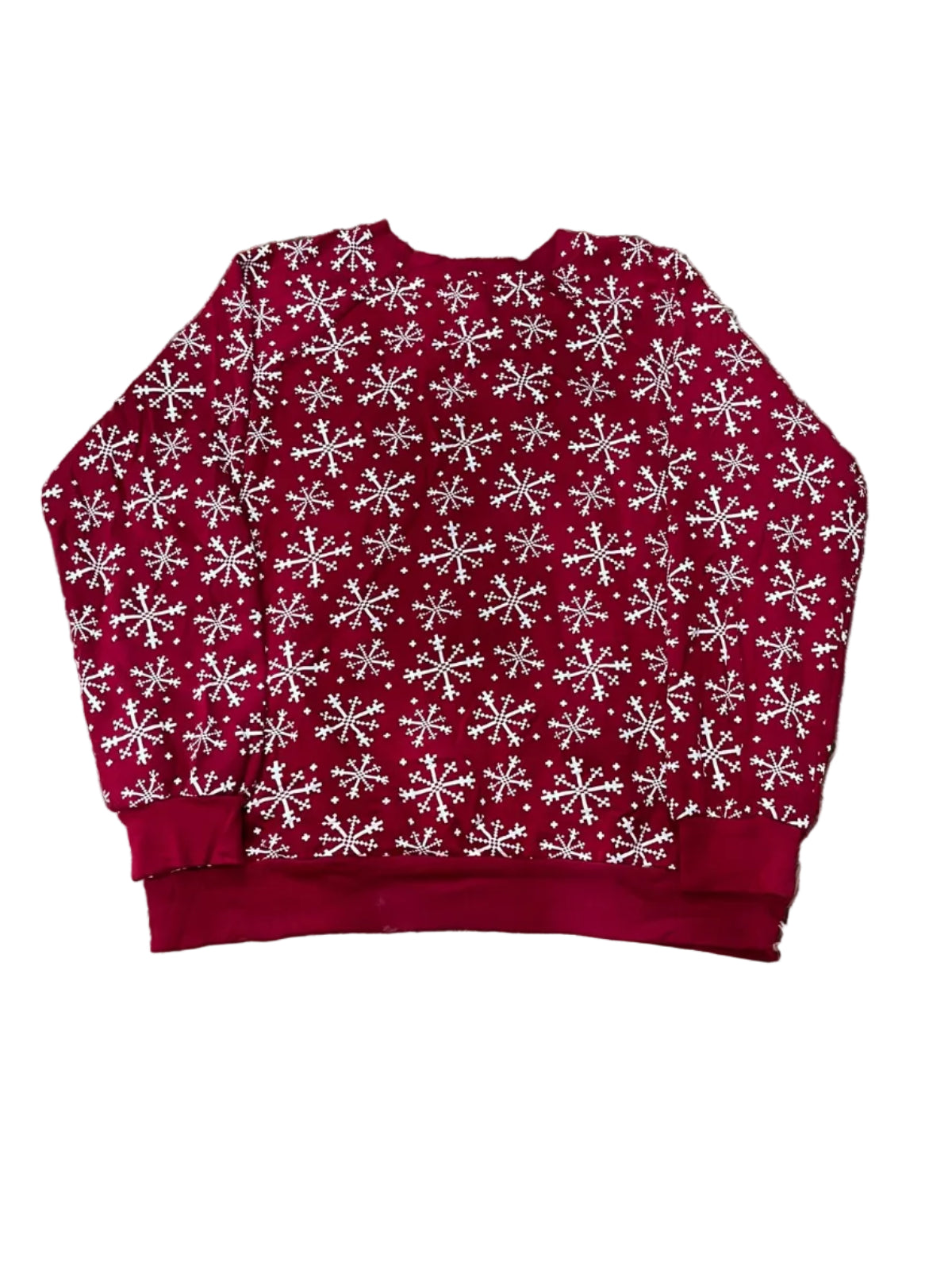 Red high-waisted briefs with a white snowflake pattern,