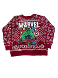 A pair of children's red Christmas-themed boxer briefs featuring Marvel superheroes like the Hulk, Spider-Man, and Iron Man, with a white snowflake and geometric pattern,