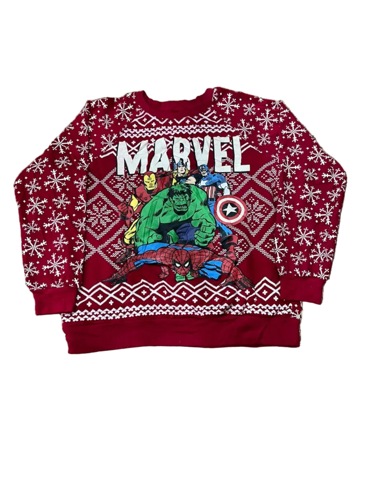 A pair of children's red Christmas-themed boxer briefs featuring Marvel superheroes like the Hulk, Spider-Man, and Iron Man, with a white snowflake and geometric pattern,
