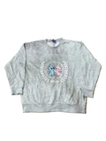 A light gray heather long-sleeve sweatshirt with a Stitch and Angel graphic on the front,