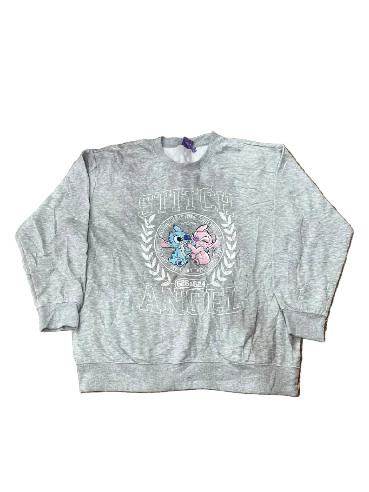 A light gray heather long-sleeve sweatshirt with a Stitch and Angel graphic on the front,
