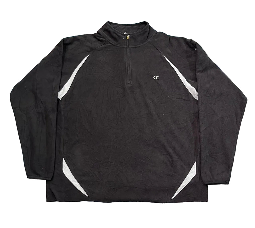 A black long-sleeve quarter-zip pullover with white graphic accents on the chest and sides, 