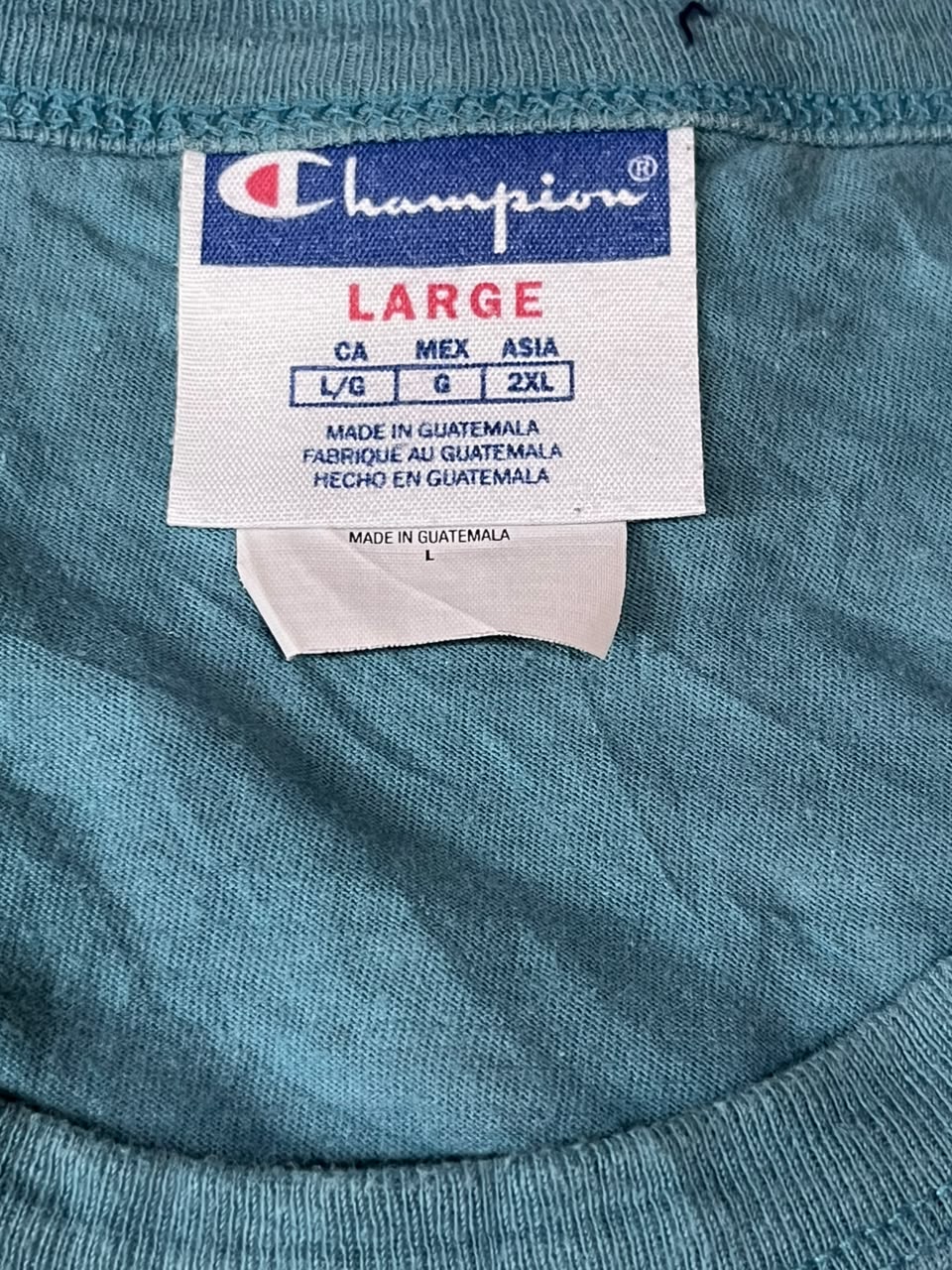 Close-up of a Champion garment neck label reading LARGE, sewn onto blue fabric.