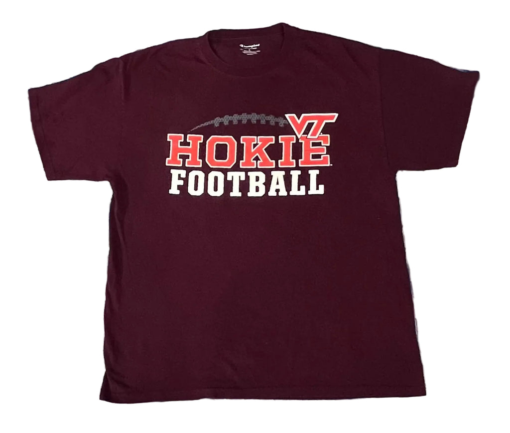A maroon short-sleeve t-shirt with 'HOKIE FOOTBALL' and a 'VT' logo printed on the front,
