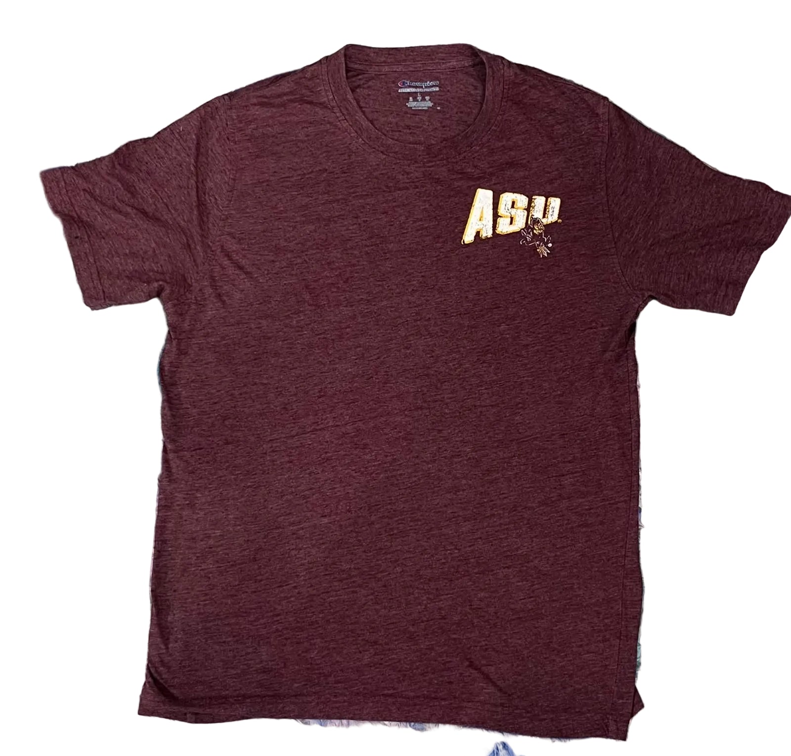 A maroon heather short-sleeve t-shirt with 'ASU' and a wildcat graphic on the left chest, 