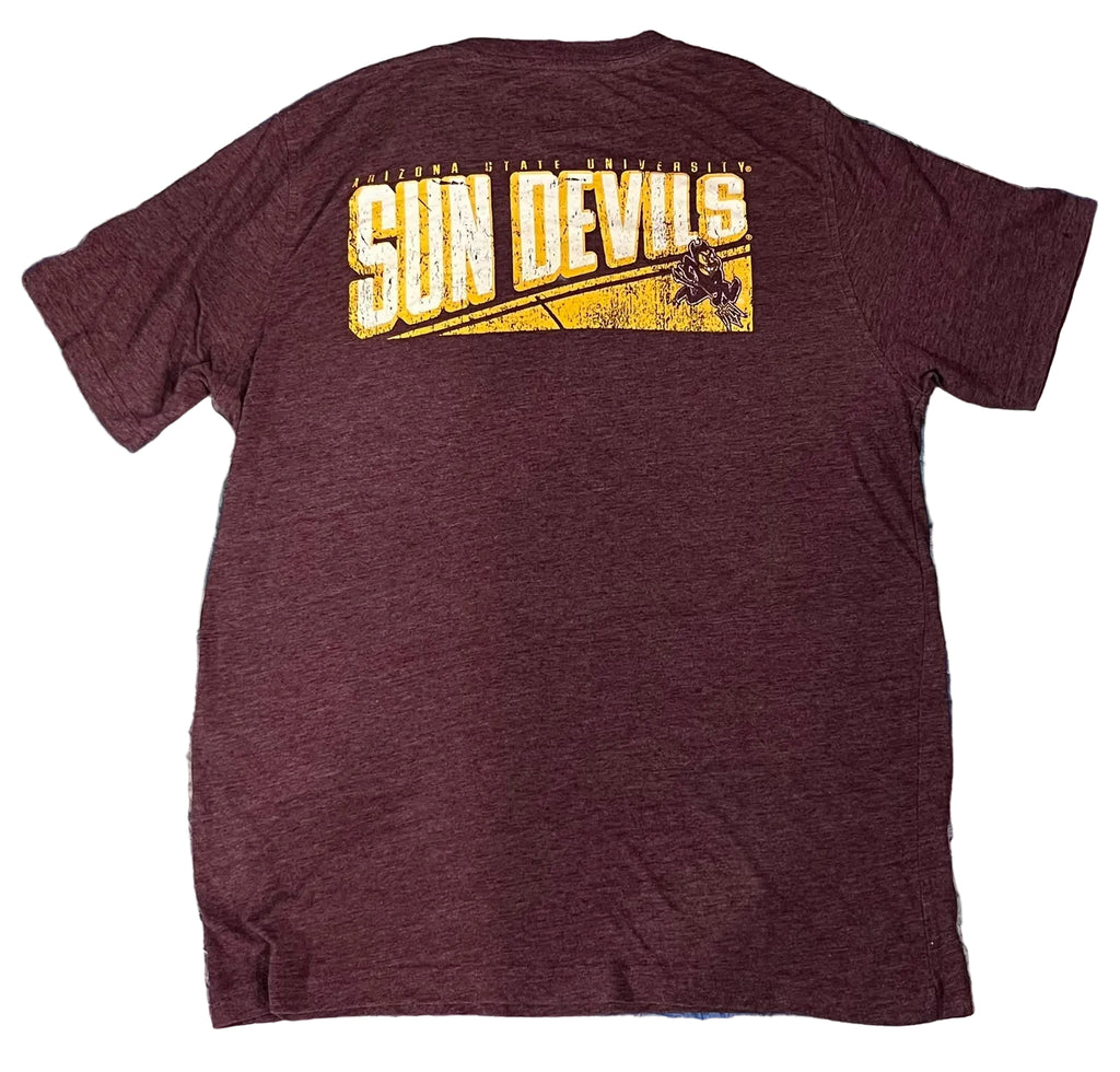 A maroon heather short-sleeve t-shirt on a white plain background 