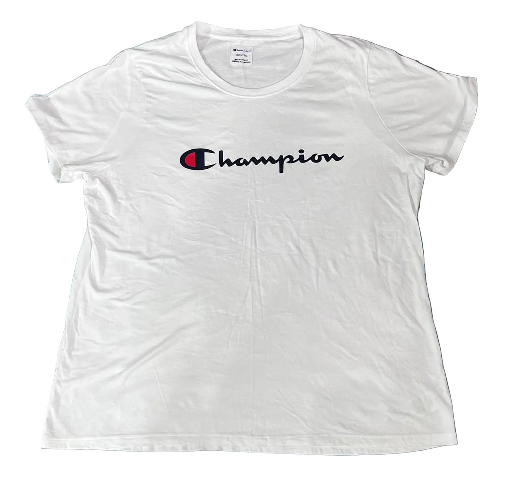 A white short-sleeve Champion t-shirt with the brand's signature 'C' logo and 'Champion' script across the chest,