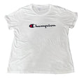 A white short-sleeve Champion t-shirt with the brand's signature 'C' logo and 'Champion' script across the chest,