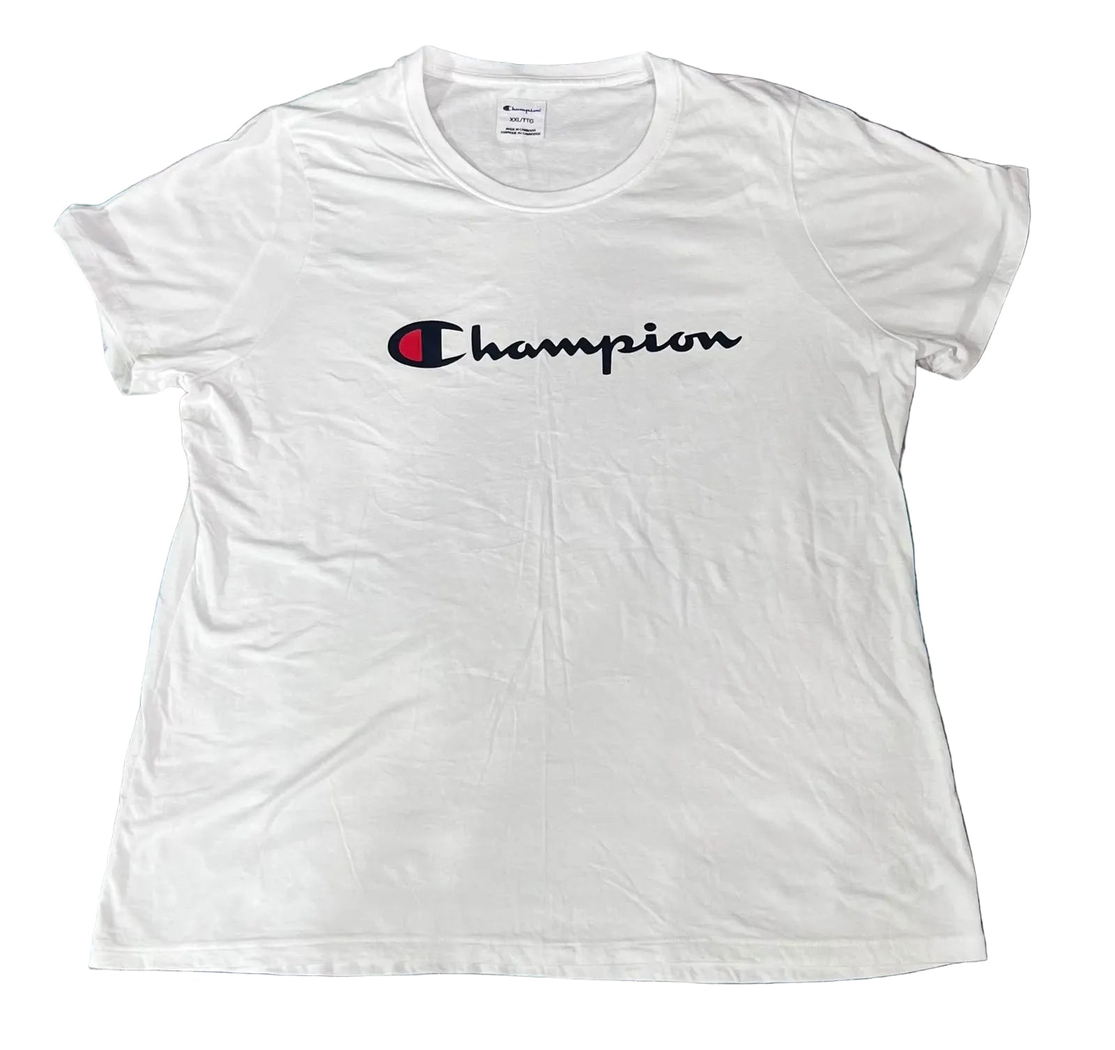 A white short-sleeve Champion t-shirt with the brand's signature 'C' logo and 'Champion' script across the chest,