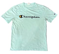 A light mint green Champion t-shirt with the brand's signature 'C' logo and 'Champion' script across the chest, 