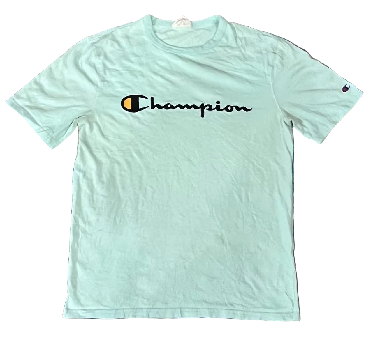A light mint green Champion t-shirt with the brand's signature 'C' logo and 'Champion' script across the chest, 