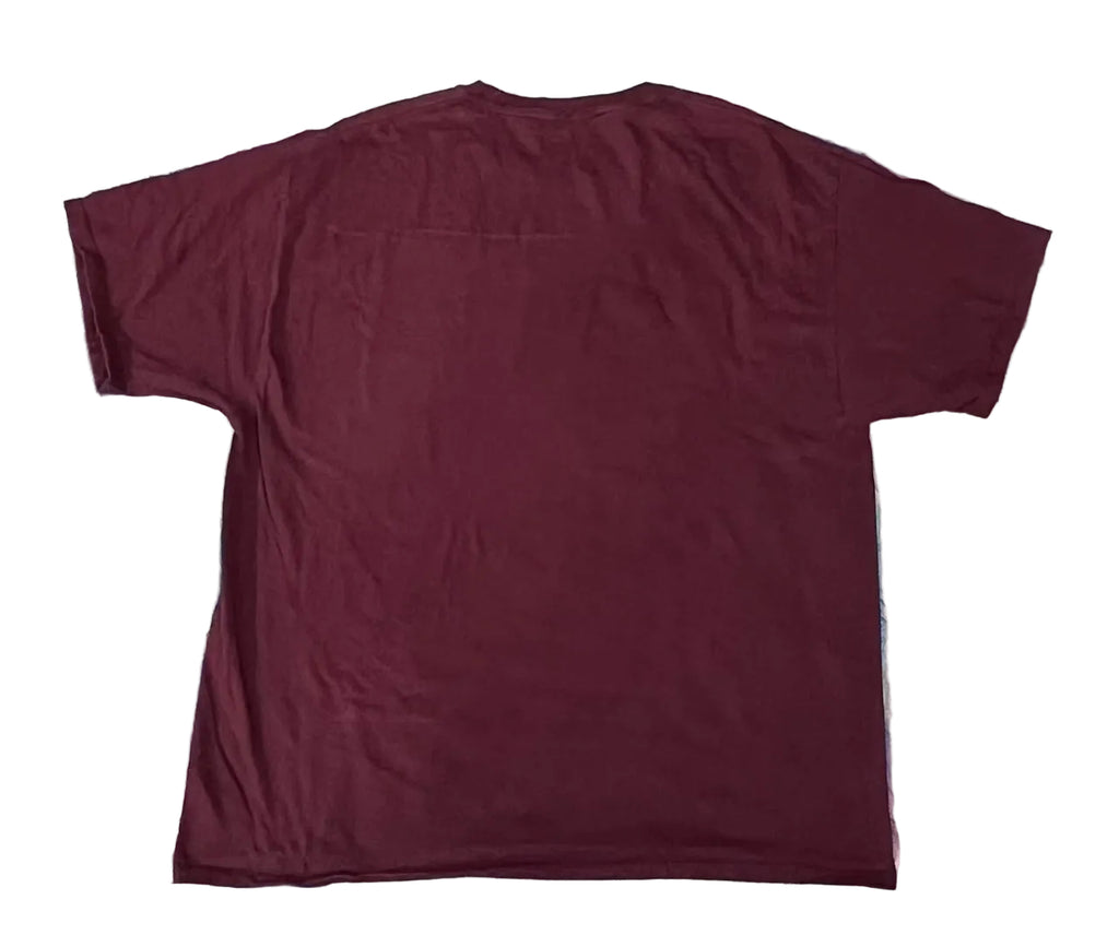 A plain maroon short-sleeve t-shirt on a white plain background 