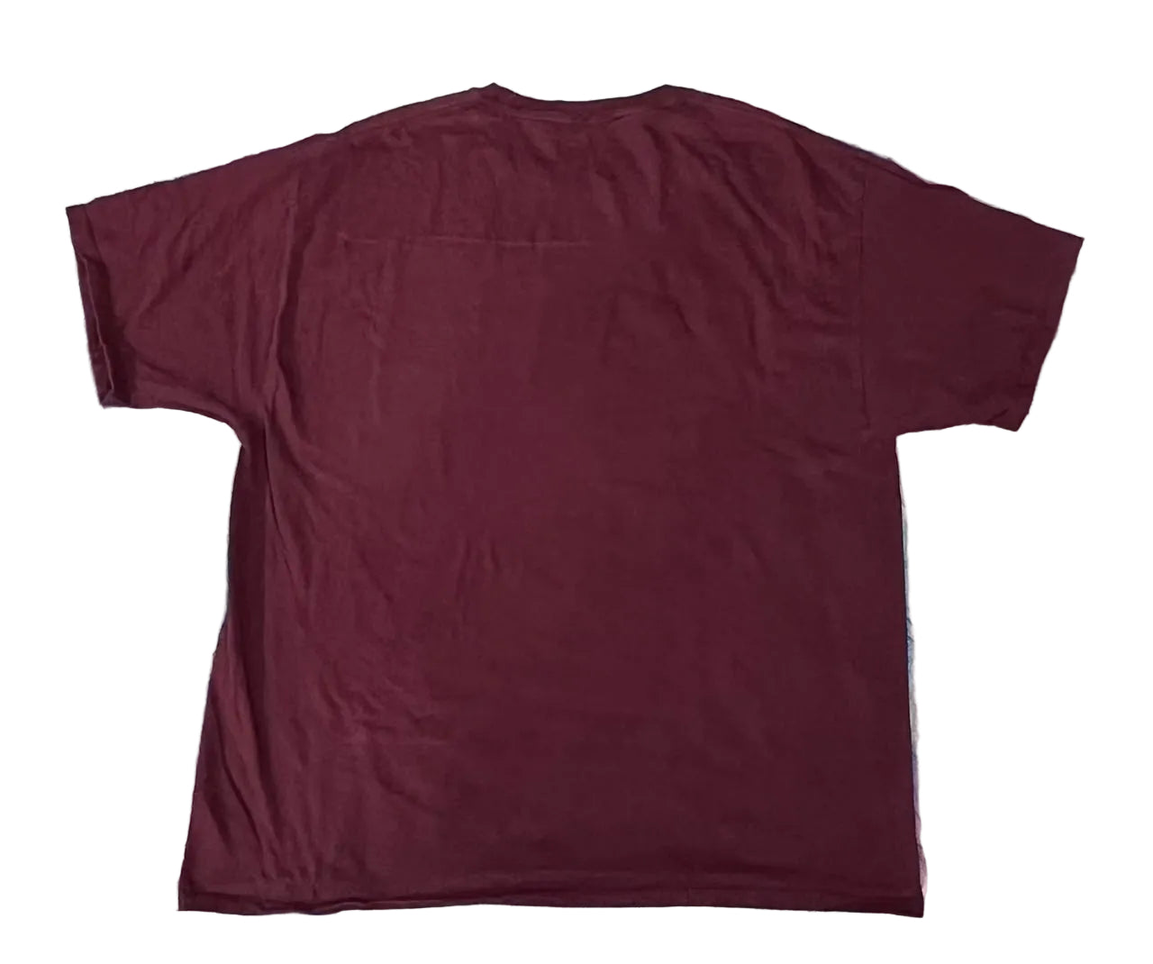 A plain maroon short-sleeve t-shirt on a white plain background 
