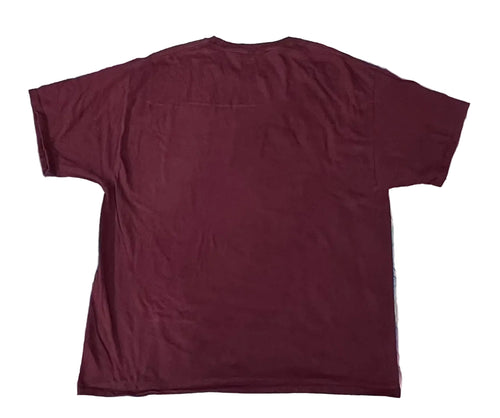 A plain maroon short-sleeve t-shirt on a white plain background 