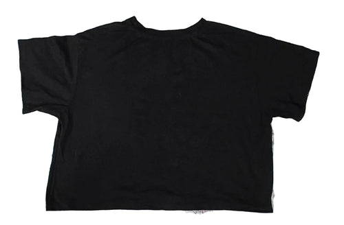 A black short-sleeve crewneck t-shirt on a white plain background