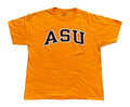 An orange short-sleeve t-shirt with 'ASU' printed across the chest in dark brown and white varsity lettering,