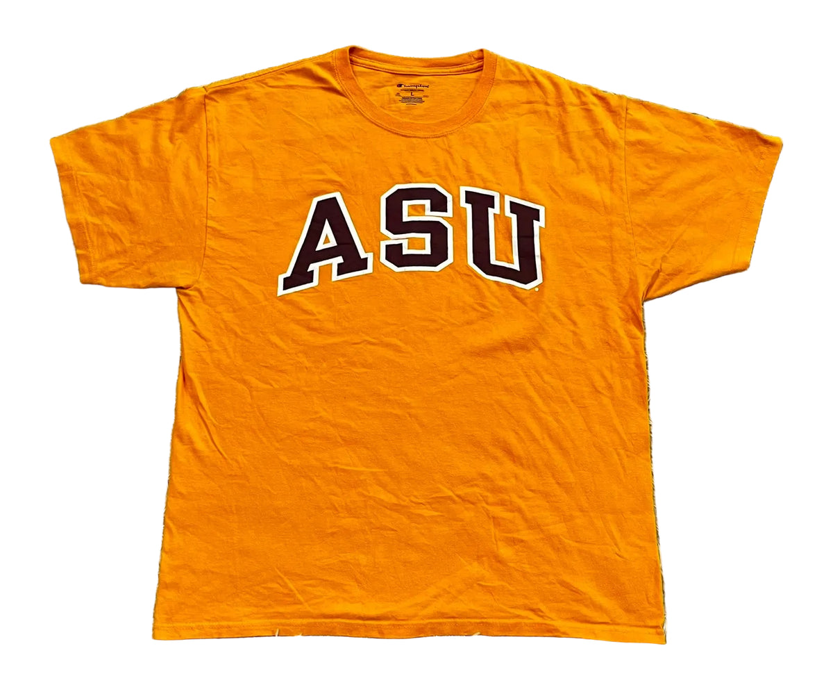 An orange short-sleeve t-shirt with 'ASU' printed across the chest in dark brown and white varsity lettering,