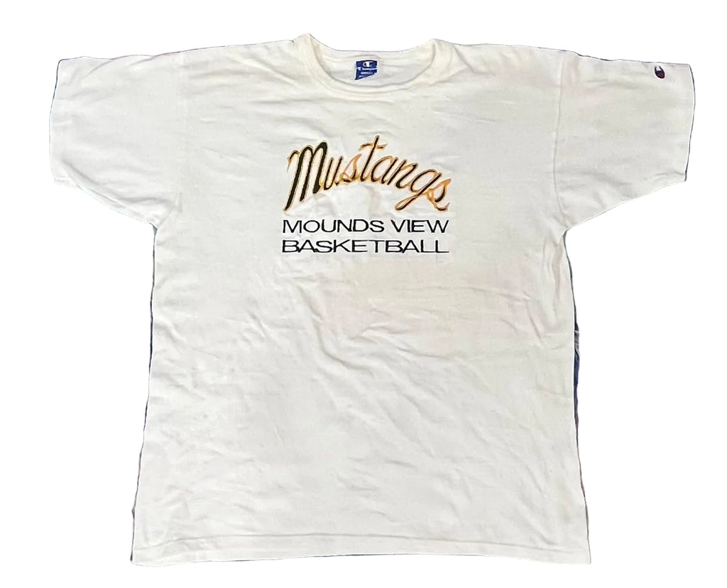 A white vintage short-sleeve t-shirt with 'Mustangs MOUNDS VIEW BASKETBALL' printed on the front, 